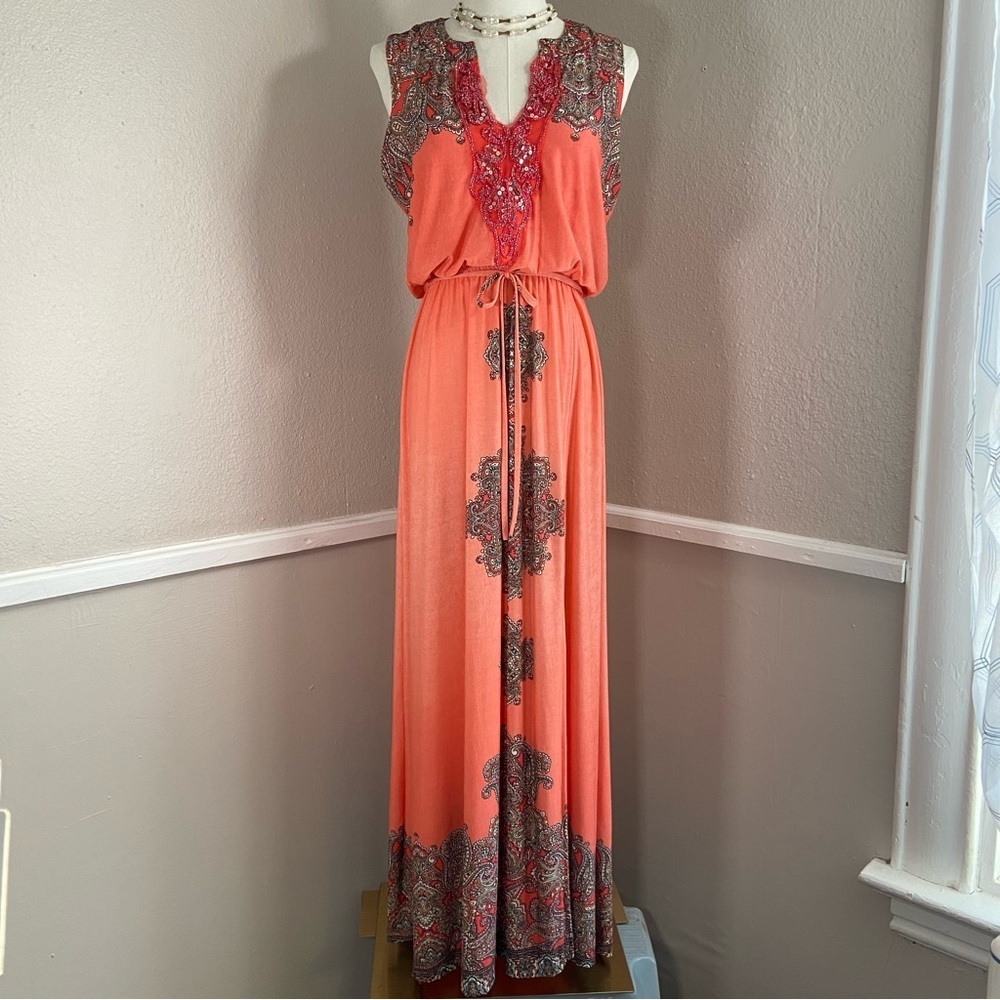 Paisley Chiffon Sleeveless Maxi Dress Size Small Rhinestone Sequin Detail - Picture 7 of 15
